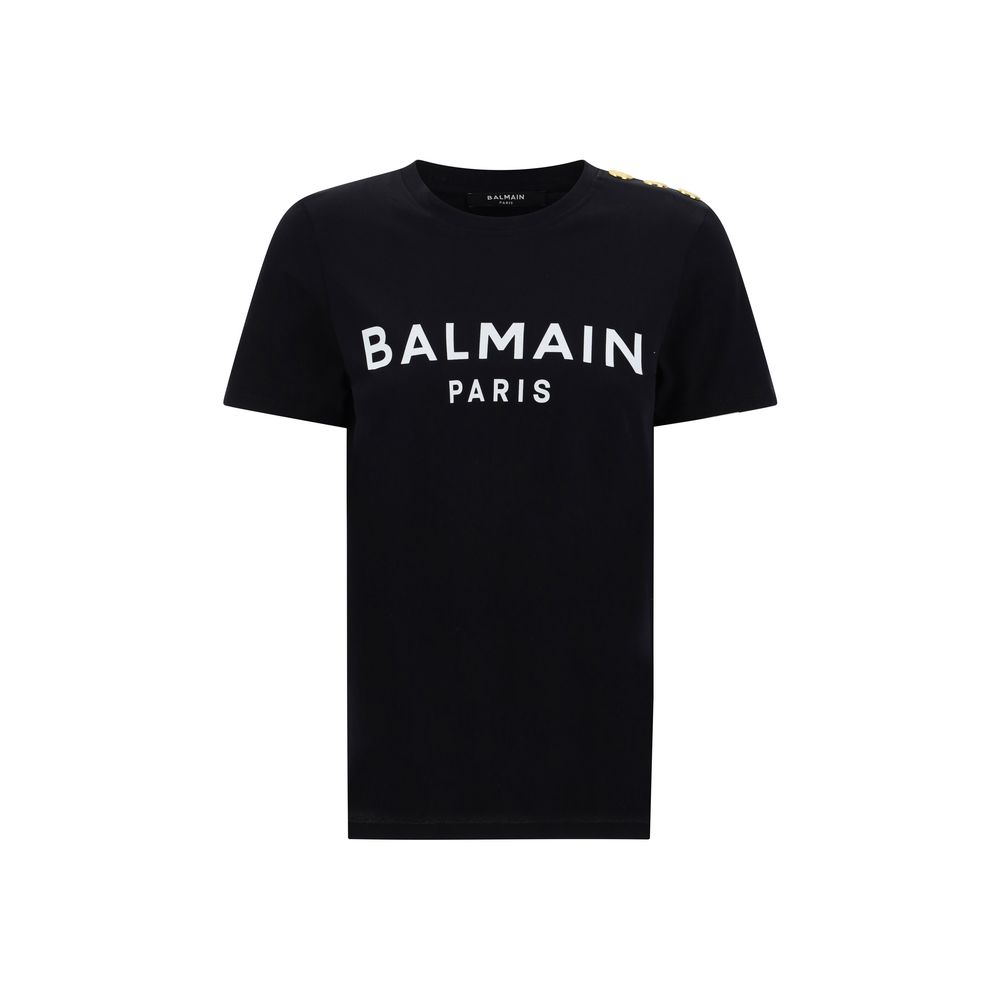 Balmain Black Cotton T-Shirt with iconic monogram and embossed shoulder buttons, featuring ribbed crew neck, elegant style