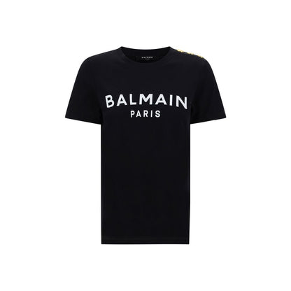 Balmain Black Cotton T-Shirt with iconic monogram and embossed shoulder buttons, featuring ribbed crew neck, elegant style