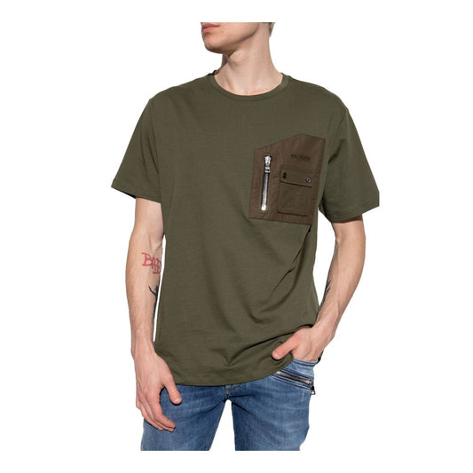 Balmain Green Cotton T-Shirt with short sleeves, chest pocket featuring zip and button fastening, worn by a model in jeans.