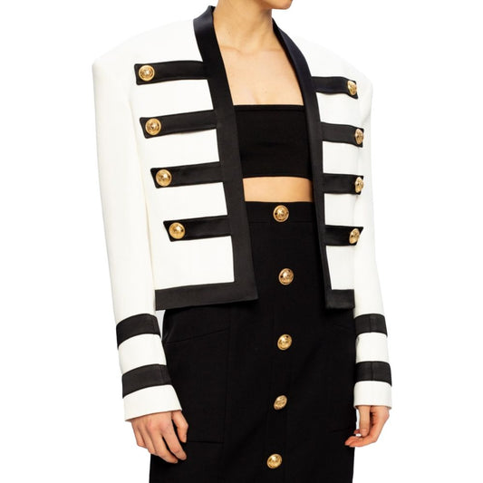 Balmain White Viscose Women Blazer with faux gold buttons, elegantly tailored, chic and sophisticated fashion statement.
