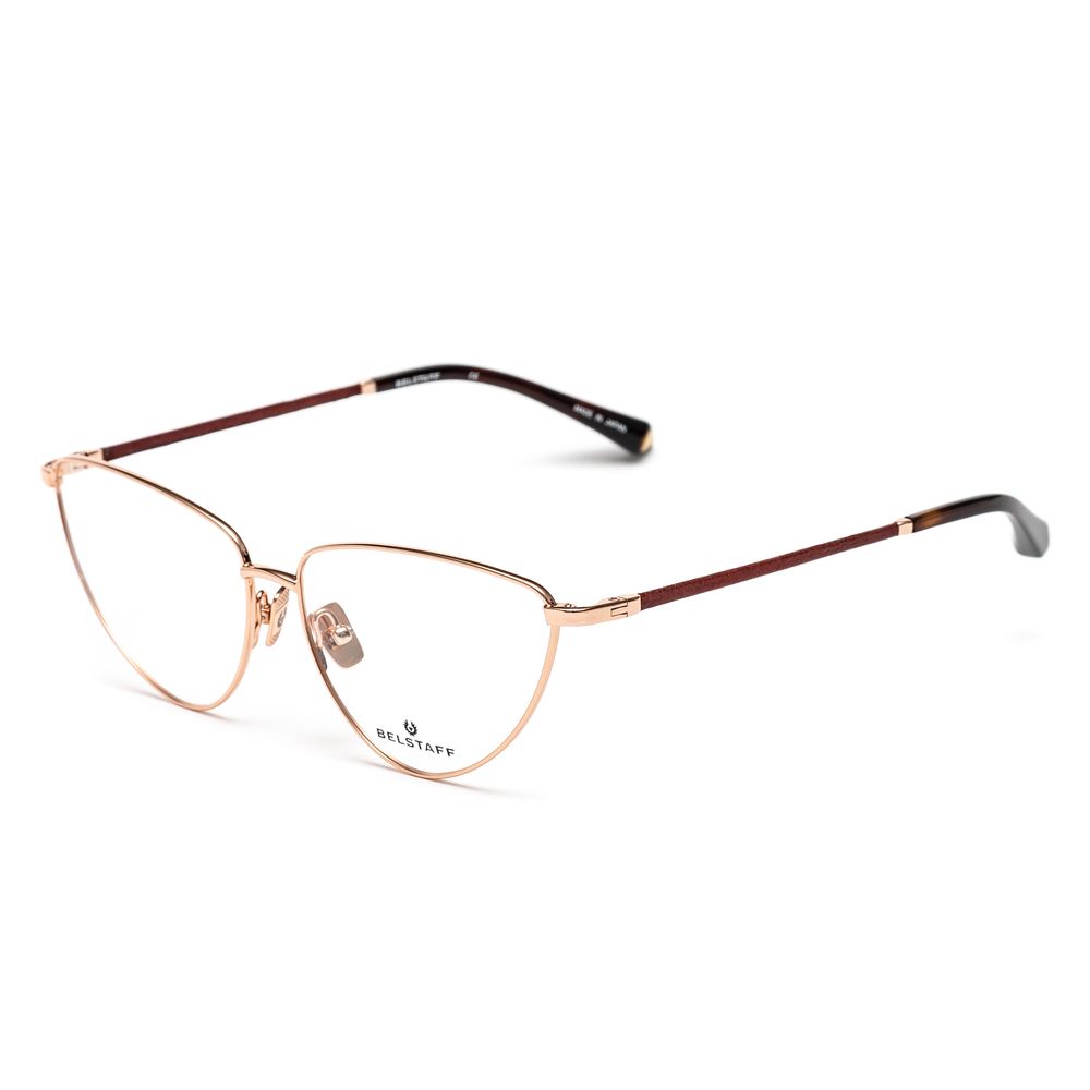 Belstaff Multicolor Titanium Frames with pink and brown accents, handmade in Japan, featuring Carl Zeiss lenses, 100% UV protection.