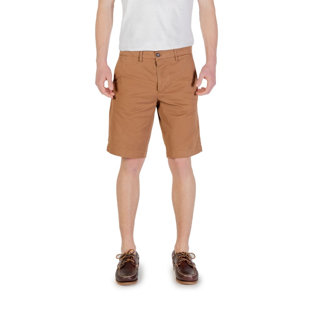 Man wearing Borghese Beige Cotton Bermuda Shorts, front view showcasing elegant summer style and comfort.