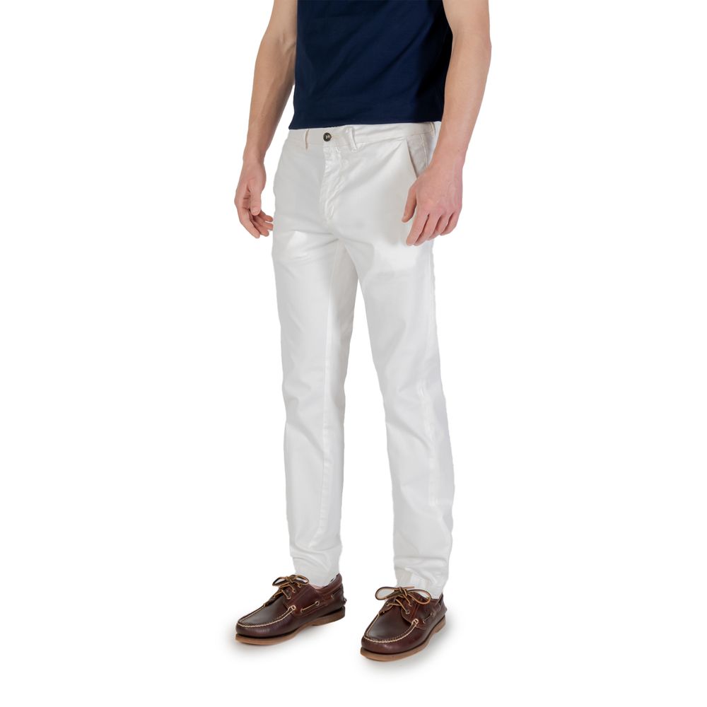 Model wearing Borghese White Cotton Skinny Pants for men, slim fit, 97% cotton blend, suitable for casual and formal occasions.