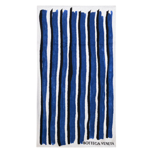 Bottega Veneta Blue Cotton Beach Towel with blue, black, and white stripes and logo. Luxurious beach accessory made of 100% cotton.