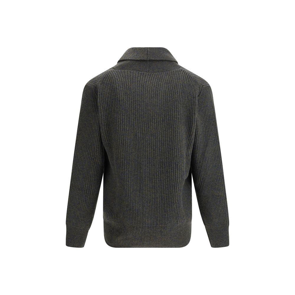 Back view of Brooksfield Green Fleece Wool Cardigan featuring a ribbed texture and shawl collar, showcasing elegant style for AW25 season.