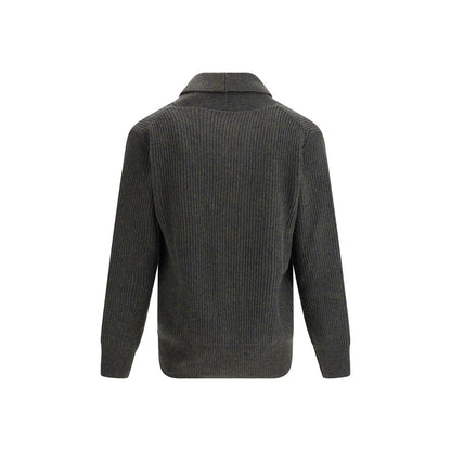 Back view of Brooksfield Green Fleece Wool Cardigan featuring a ribbed texture and shawl collar, showcasing elegant style for AW25 season.