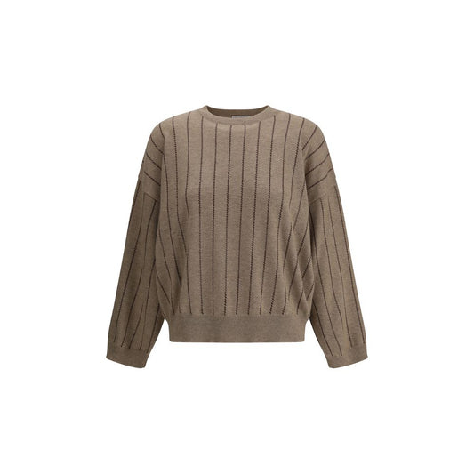 Brunello Cucinelli Beige Cashmere Cashmere Sweater with sequined vertical stripes and ribbed crew neck, elegant and feminine design.