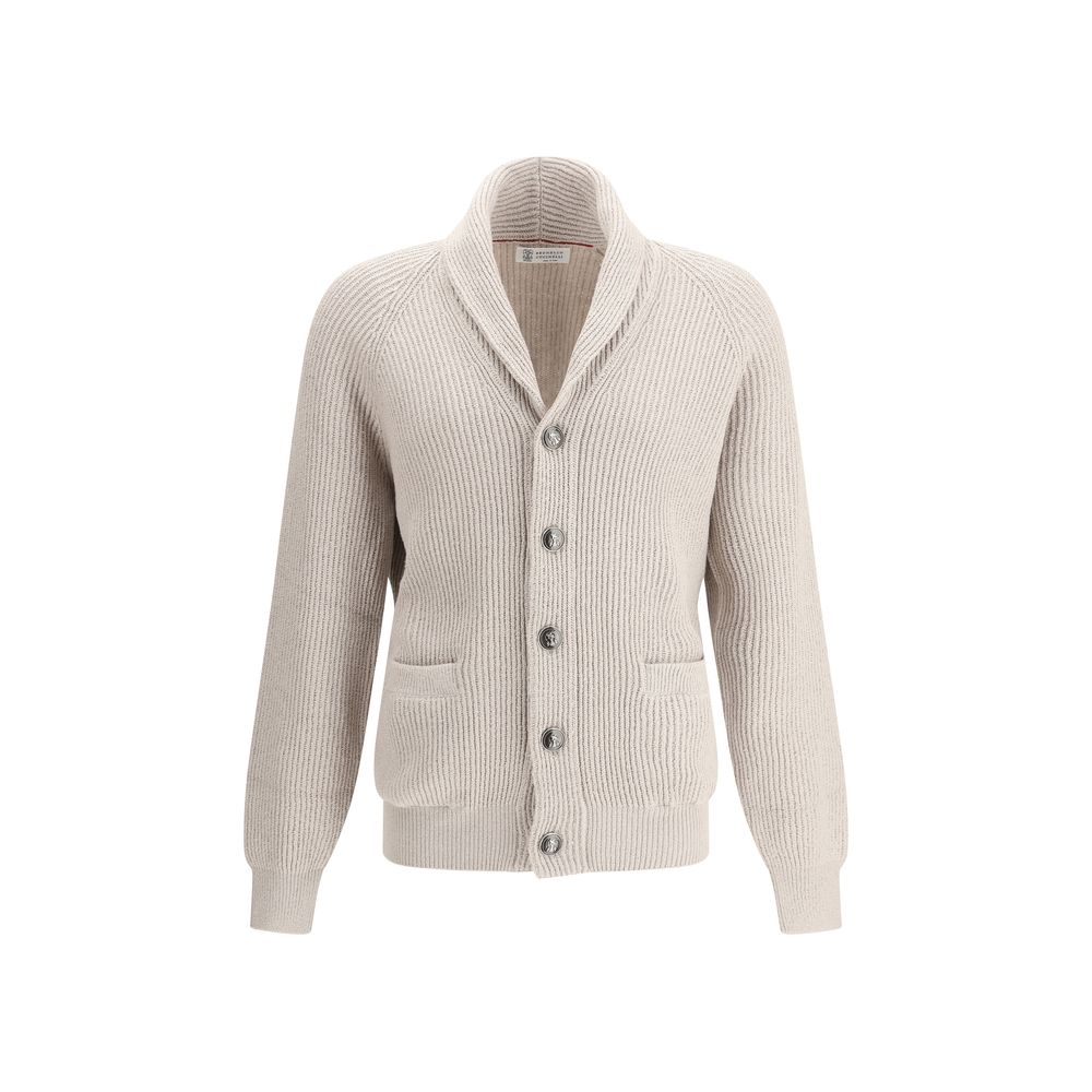Brunello Cucinelli Beige Cotton Cardigan with shawl lapel and button closure, featuring ribbed design for elegance and comfort.