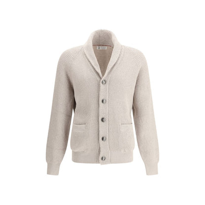 Brunello Cucinelli Beige Cotton Cardigan with shawl lapel and button closure, featuring ribbed design for elegance and comfort.