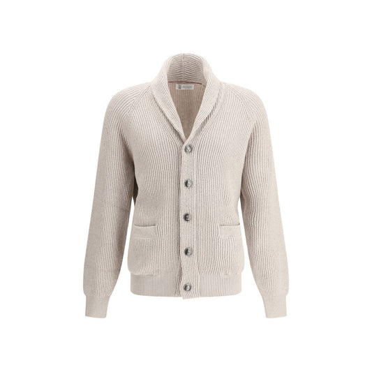 Brunello Cucinelli Beige Cotton Cardigan with shawl lapel and button closure, featuring ribbed design for elegance and comfort.