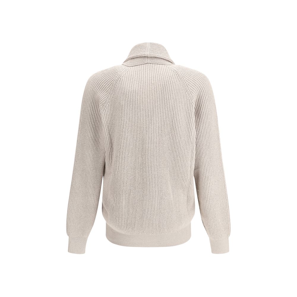 Back view of Brunello Cucinelli Beige Cotton Cardigan with ribbed design, shawl lapel, and snug fit cuffs
