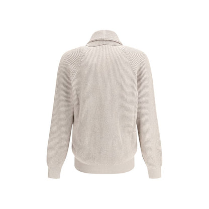 Back view of Brunello Cucinelli Beige Cotton Cardigan with ribbed design, shawl lapel, and snug fit cuffs