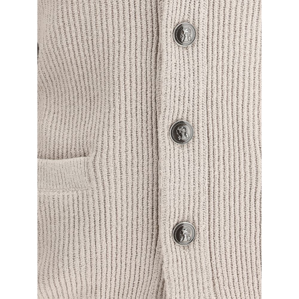 Brunello Cucinelli Beige Cotton Cardigan with logo-engraved buttons and ribbed texture, featuring a welt pocket for elegant, functional style.