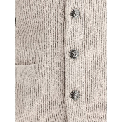 Brunello Cucinelli Beige Cotton Cardigan with logo-engraved buttons and ribbed texture, featuring a welt pocket for elegant, functional style.