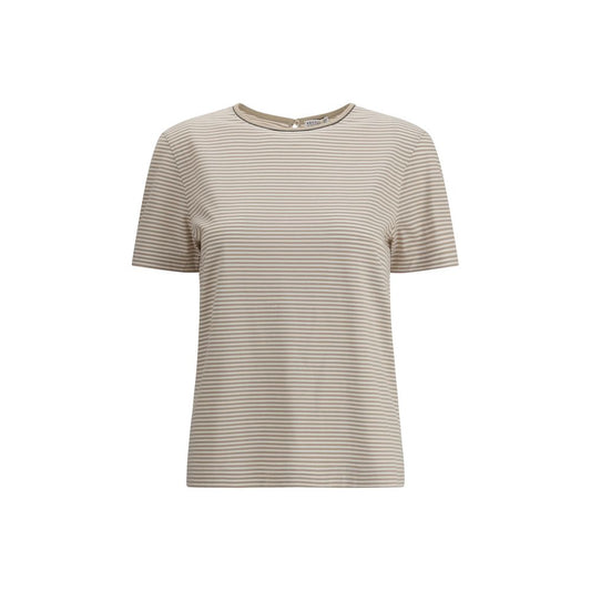 Brunello Cucinelli Beige Cotton T-Shirt with stripes and a buttoned back, perfect for AW25 season fashion.