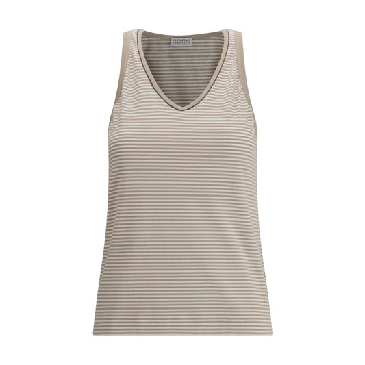 Brunello Cucinelli Beige Cotton Top with subtle stripes and shiny neckline, elegant wide neck design, sleeveless AW25 collection.