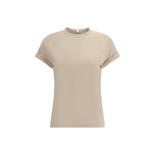 Brunello Cucinelli Beige Elastane T-Shirt with crewneck and jewel appliqué
