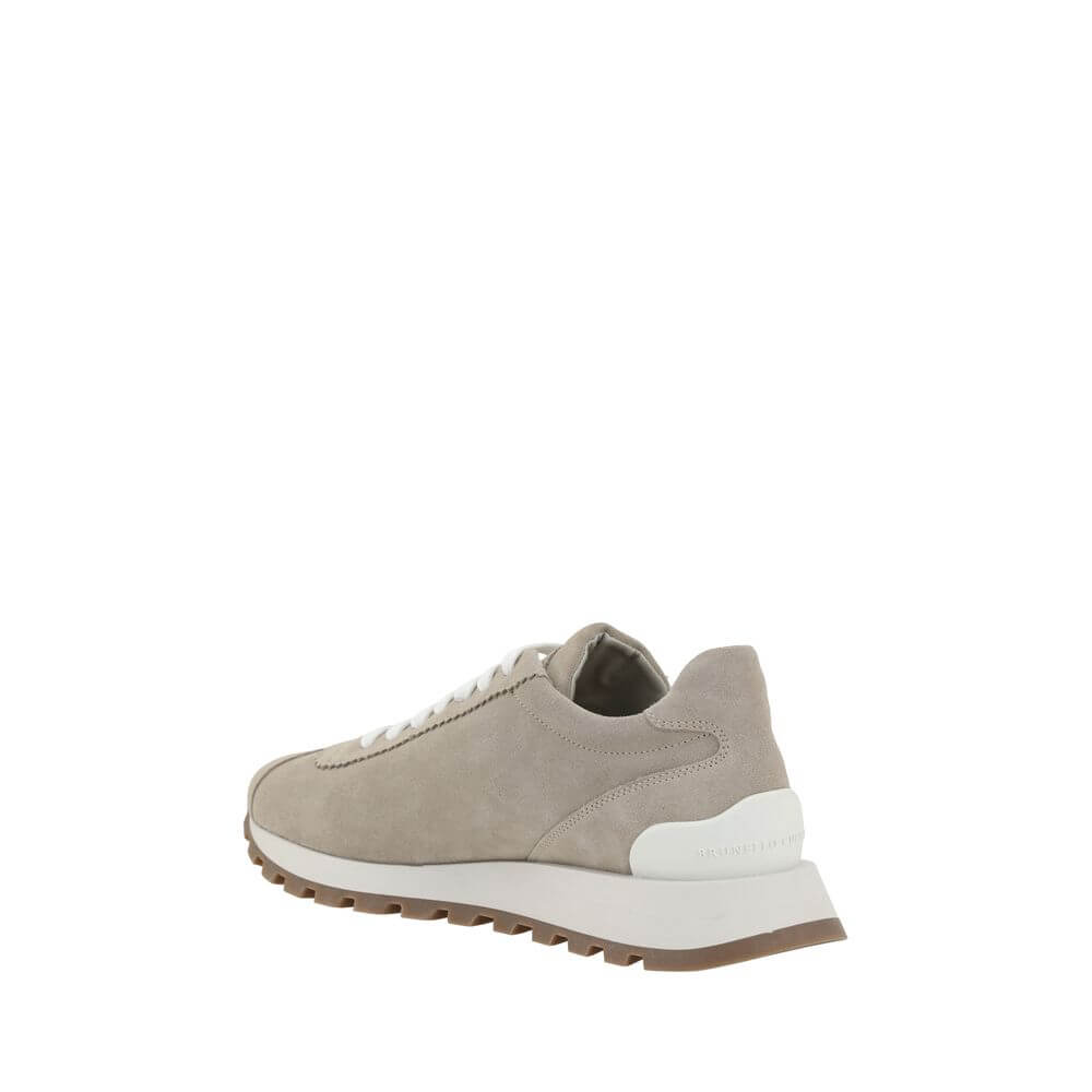Brunello Cucinelli Beige Rubber Platform Sneakers side view with suede design and knurled sole.
