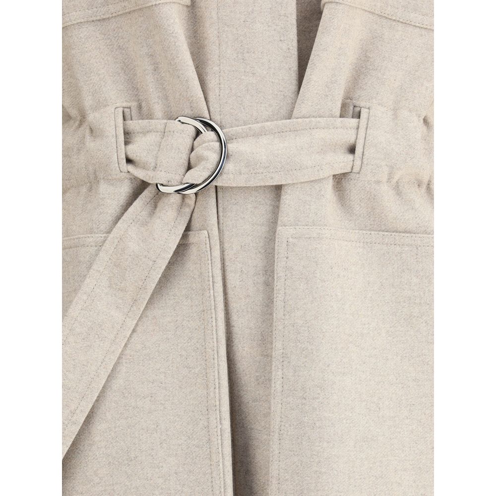 Close-up of adjustable waistband on Brunello Cucinelli Beige Wool Coat, showcasing elegant design and craftsmanship.