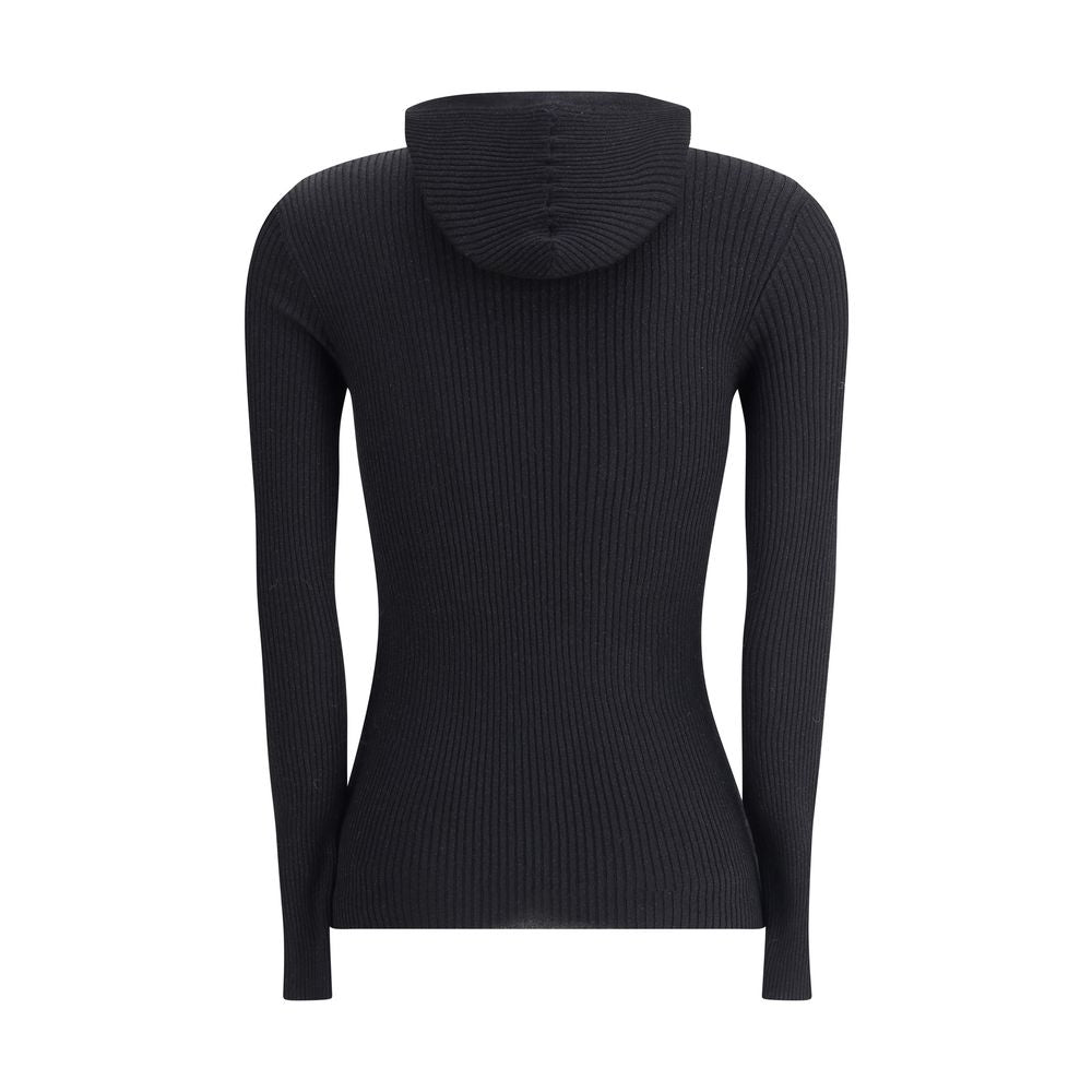 Rear view of Brunello Cucinelli Black Cashmere Sweatshirt with hood, ribbed knit, and subtle glitter thread.