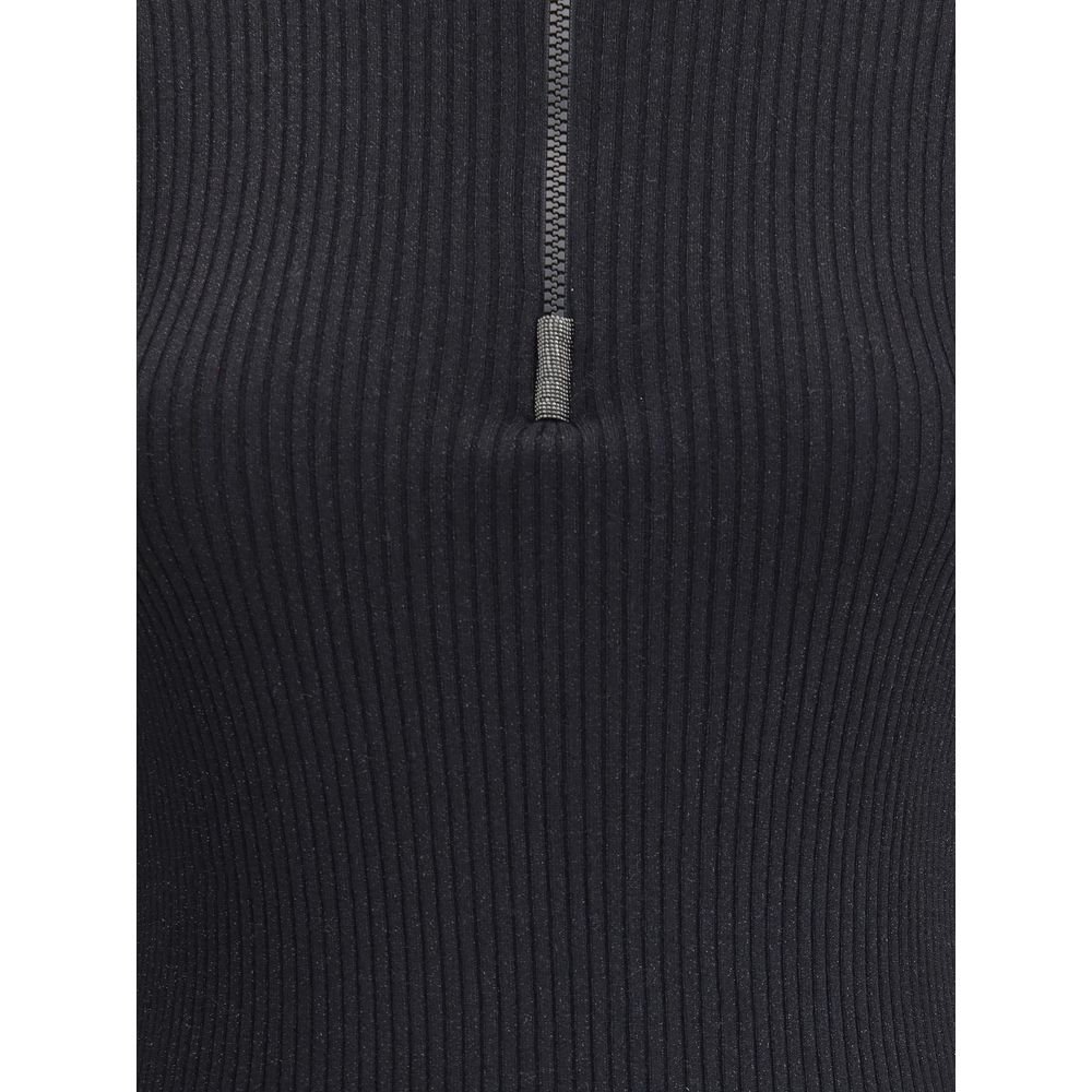 Brunello Cucinelli Black Cashmere Sweatshirt with ribbed knit and zipper detail, featuring subtle glitter thread embellishment.