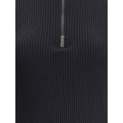 Brunello Cucinelli Black Cashmere Sweatshirt with ribbed knit and zipper detail, featuring subtle glitter thread embellishment.
