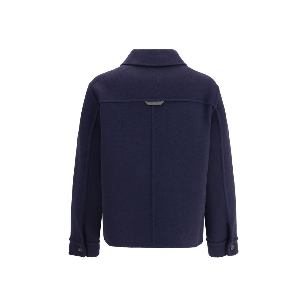 Back view of Brunello Cucinelli Blue Fleece Wool Coat showcasing classic design and elegance.