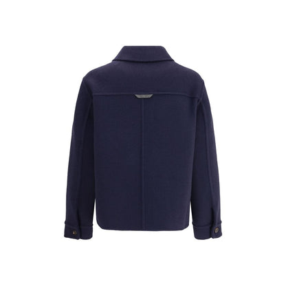 Back view of Brunello Cucinelli Blue Fleece Wool Coat showcasing classic design and elegance.
