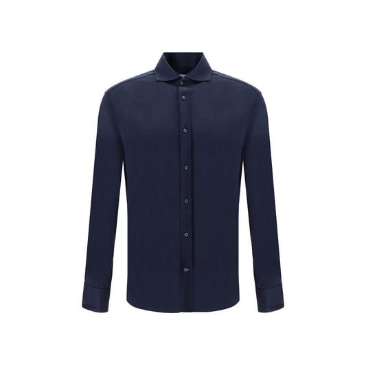 Brunello Cucinelli Blue Silk Shirt with classic collar, button closure, and adjustable cuffs, made of luxury silk for comfort and style.