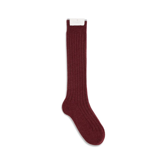 Brunello Cucinelli Bordeaux Cashmere Socks, knee-high fit, fine ribbed knit, elegant and cozy, ideal for AW25 season.