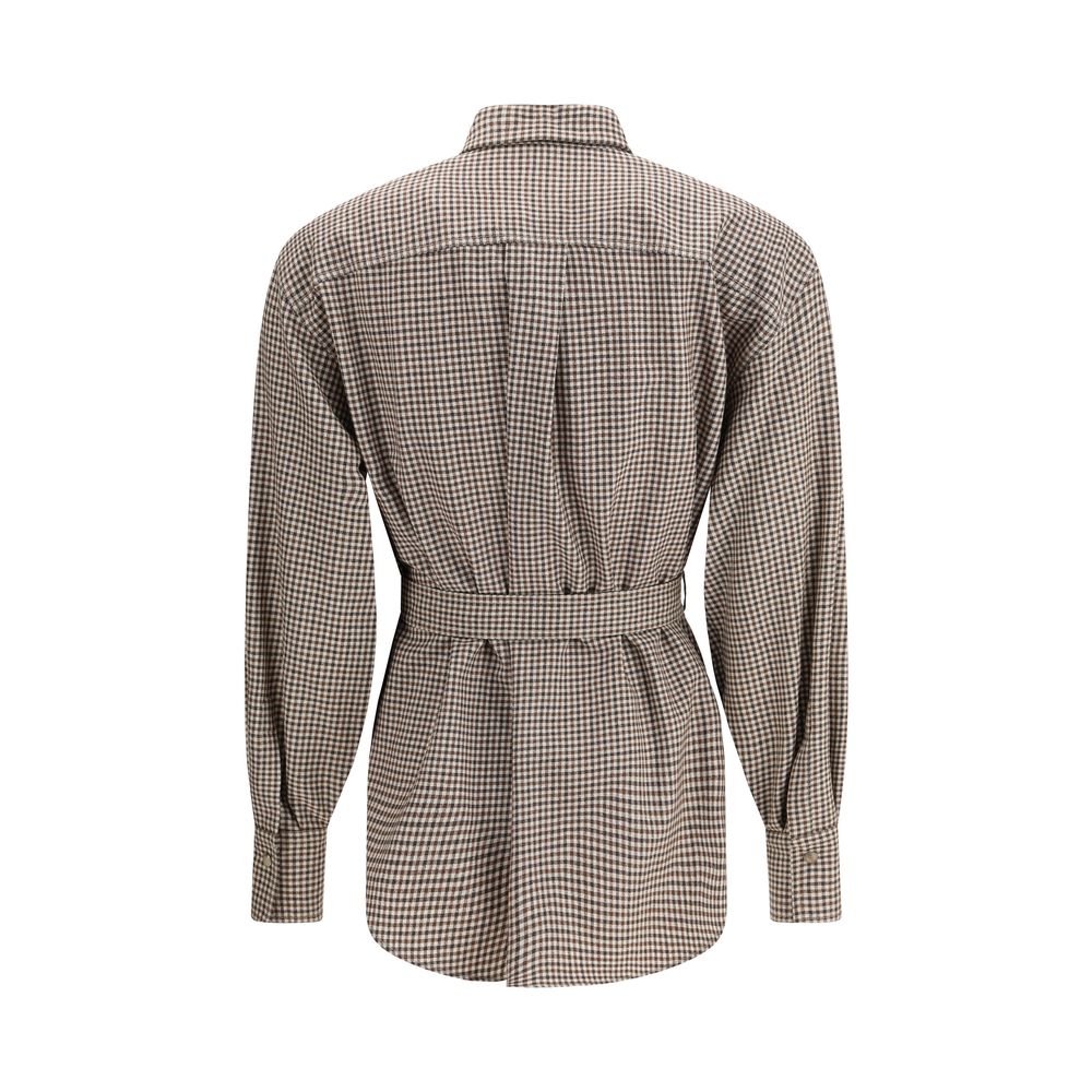 Back view of Brunello Cucinelli Brown Fleece Wool Pattern Shirt with check pattern and removable belt.