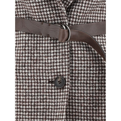 Close-up of Brunello Cucinelli Brown Wool Blazer featuring leather belt detail and button closure.