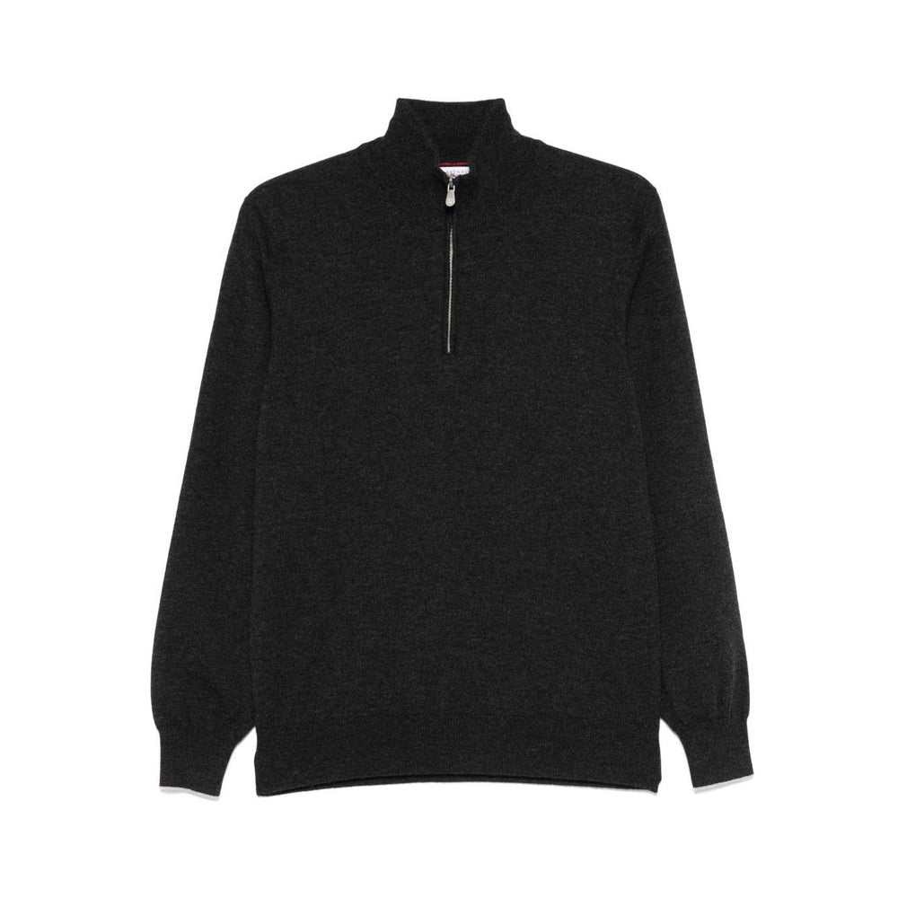 Brunello Cucinelli Cashmere sweater in grey with a half front zip, long sleeves, ribbed cuffs, and a curved hem. High-neck design.