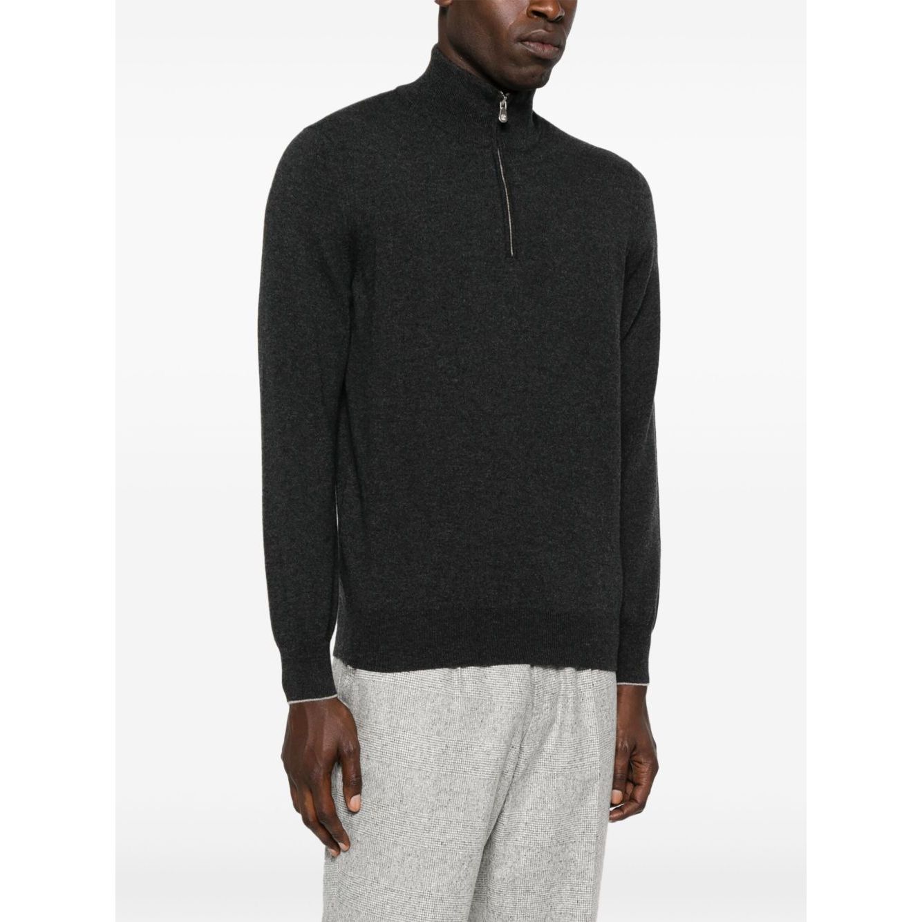 Brunello Cucinelli Cashmere sweater in grey with half front zip, long sleeves, ribbed cuffs, high-neck, and curved hem.