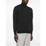 Brunello Cucinelli Cashmere sweater in grey with half front zip, long sleeves, ribbed cuffs, high-neck, and curved hem.