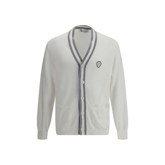 Brunello Cucinelli Cotton Cardigan with V-neck, front pockets, and unique monogram patch, perfect for elegance and practicality.