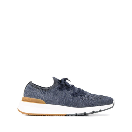 Brunello Cucinelli Cotton chiné knit runners with mesh panels and lace-up front, featuring a 3 cm platform sole.