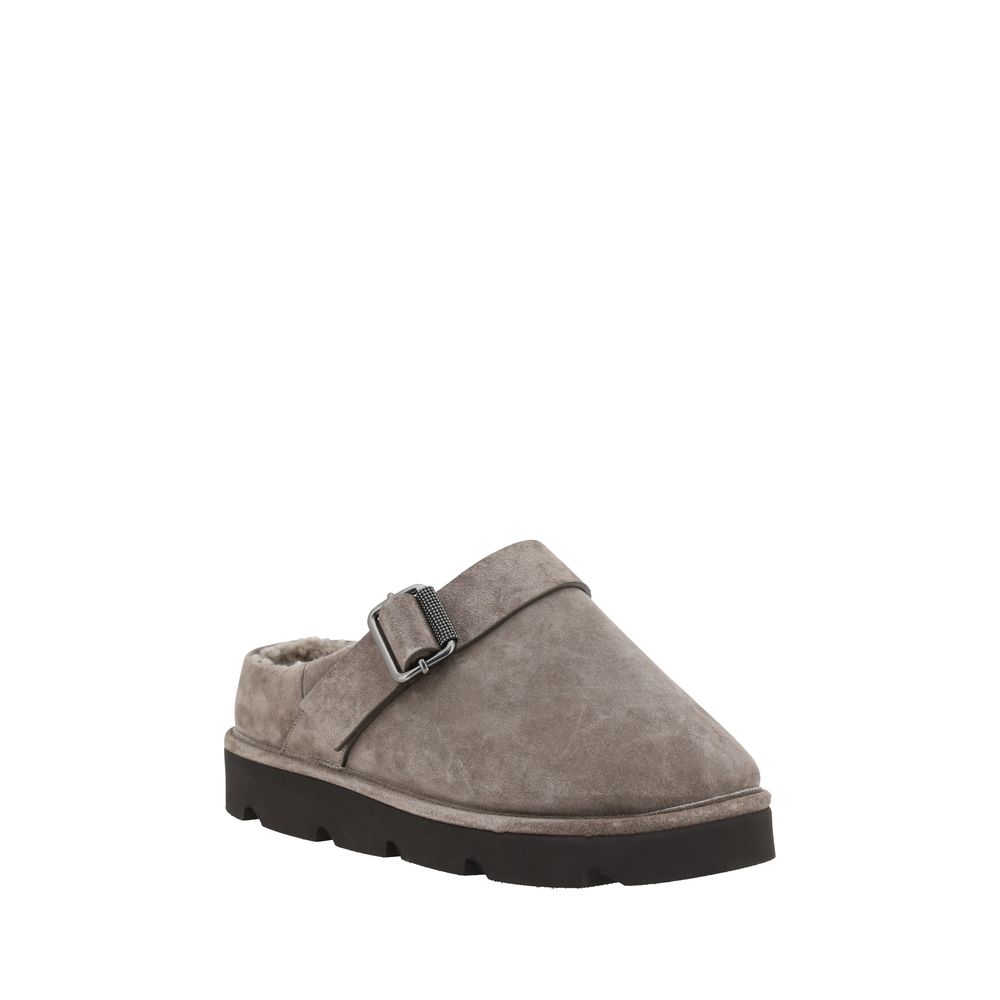 Brunello Cucinelli Gray Calf Leather Bos Taurus Clogs with fur trim and adjustable buckle, stylish sabots for fall and winter.