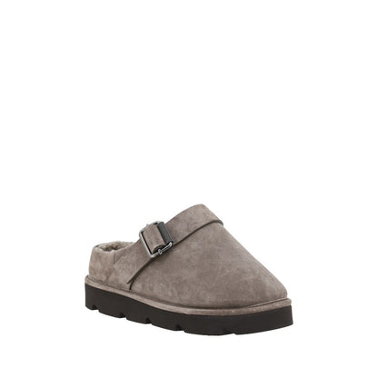Brunello Cucinelli Gray Calf Leather Bos Taurus Clogs with fur trim and adjustable buckle, stylish sabots for fall and winter.