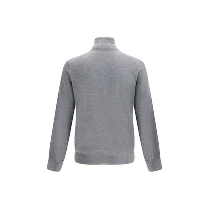 Back view of Brunello Cucinelli Gray Cashmere Cashmere Sweater, showcasing high collar and ribbed cuffs, crafted from premium cashmere.