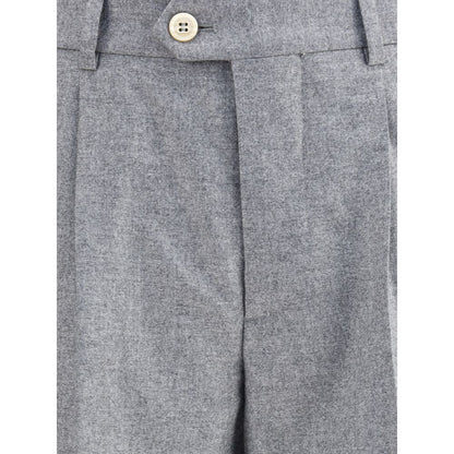 Close-up of Brunello Cucinelli Gray Cashmere Casual Pants showcasing button and zipper details.