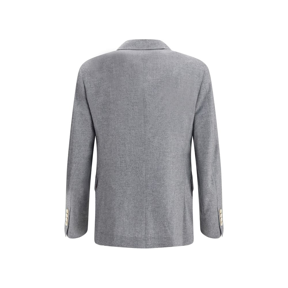 Back view of Brunello Cucinelli Gray Cashmere Clothing blazer with elegant design and horn button details.