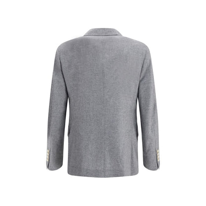 Back view of Brunello Cucinelli Gray Cashmere Clothing blazer with elegant design and horn button details.
