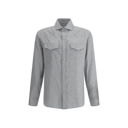 Brunello Cucinelli Gray Cotton Pattern Shirt with classic collar and patch flap pockets, featuring snap-button closure and adjustable cuffs.