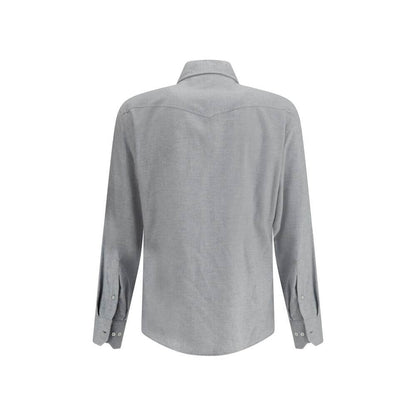 Brunello Cucinelli Gray Cotton Pattern Shirt with classic collar and adjustable button cuffs, back view of elegant and versatile design