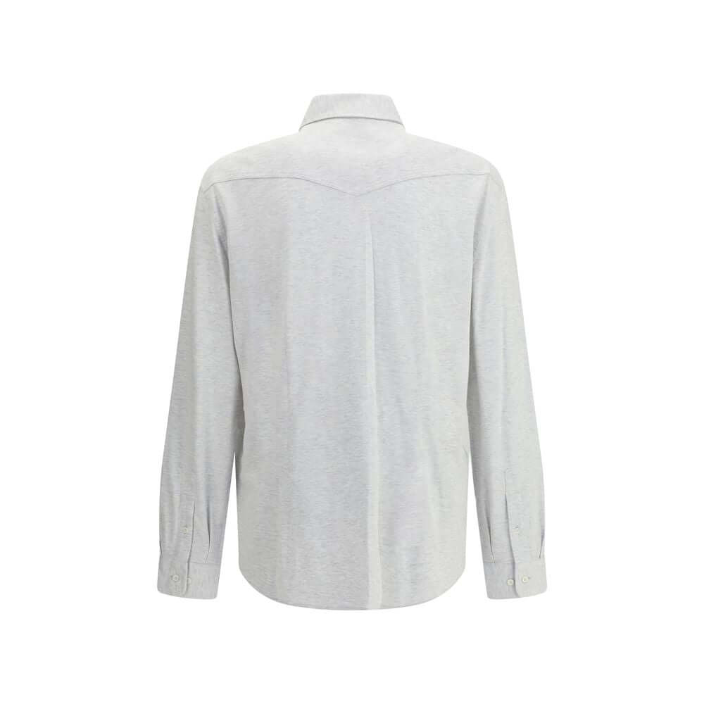 Back view of Brunello Cucinelli Gray Cotton Shirt with classic collar and button cuffs, elegant design for seasonal wear.