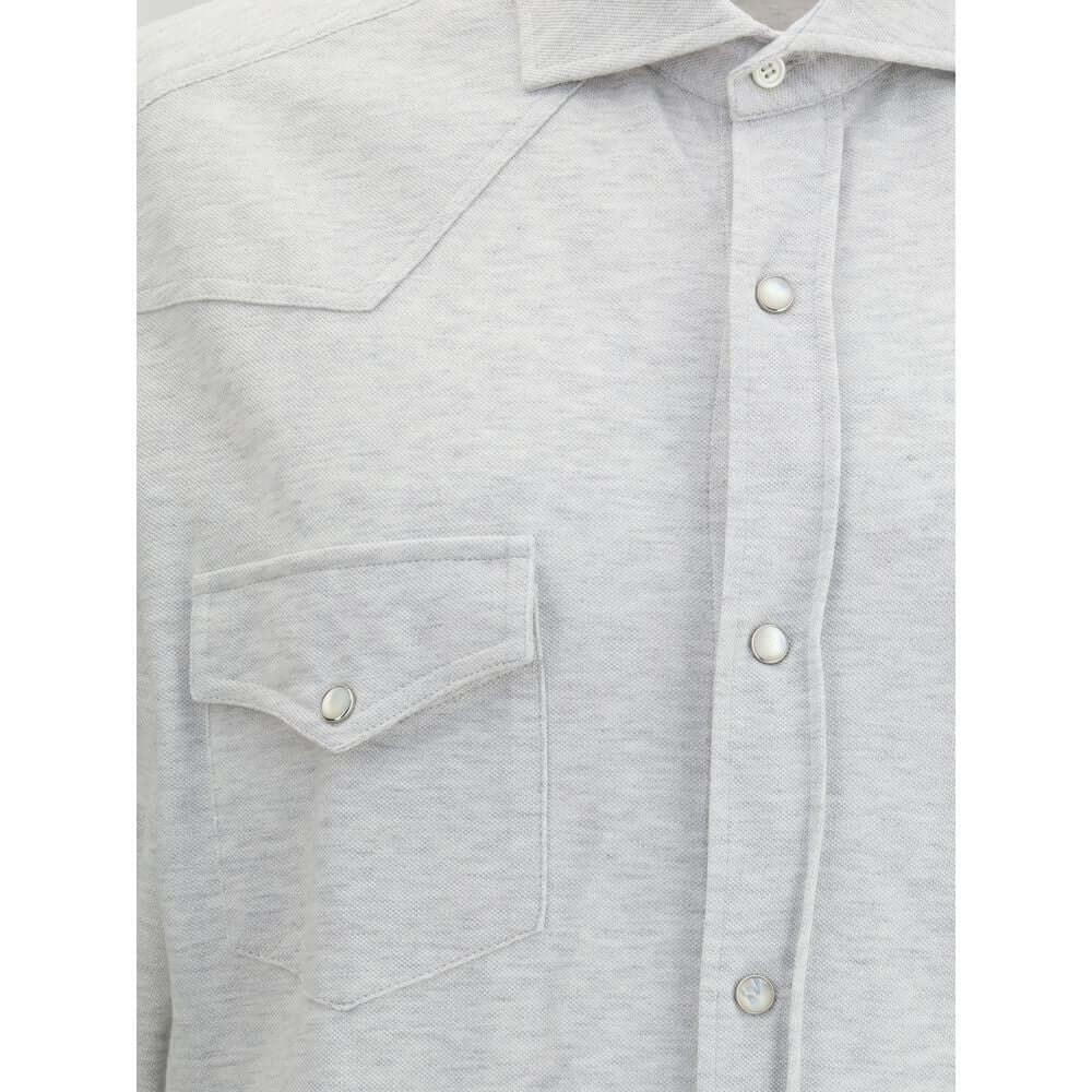 Detail view of Brunello Cucinelli Gray Cotton Shirt with snap buttons and front patch pockets in elegant grey melange.
