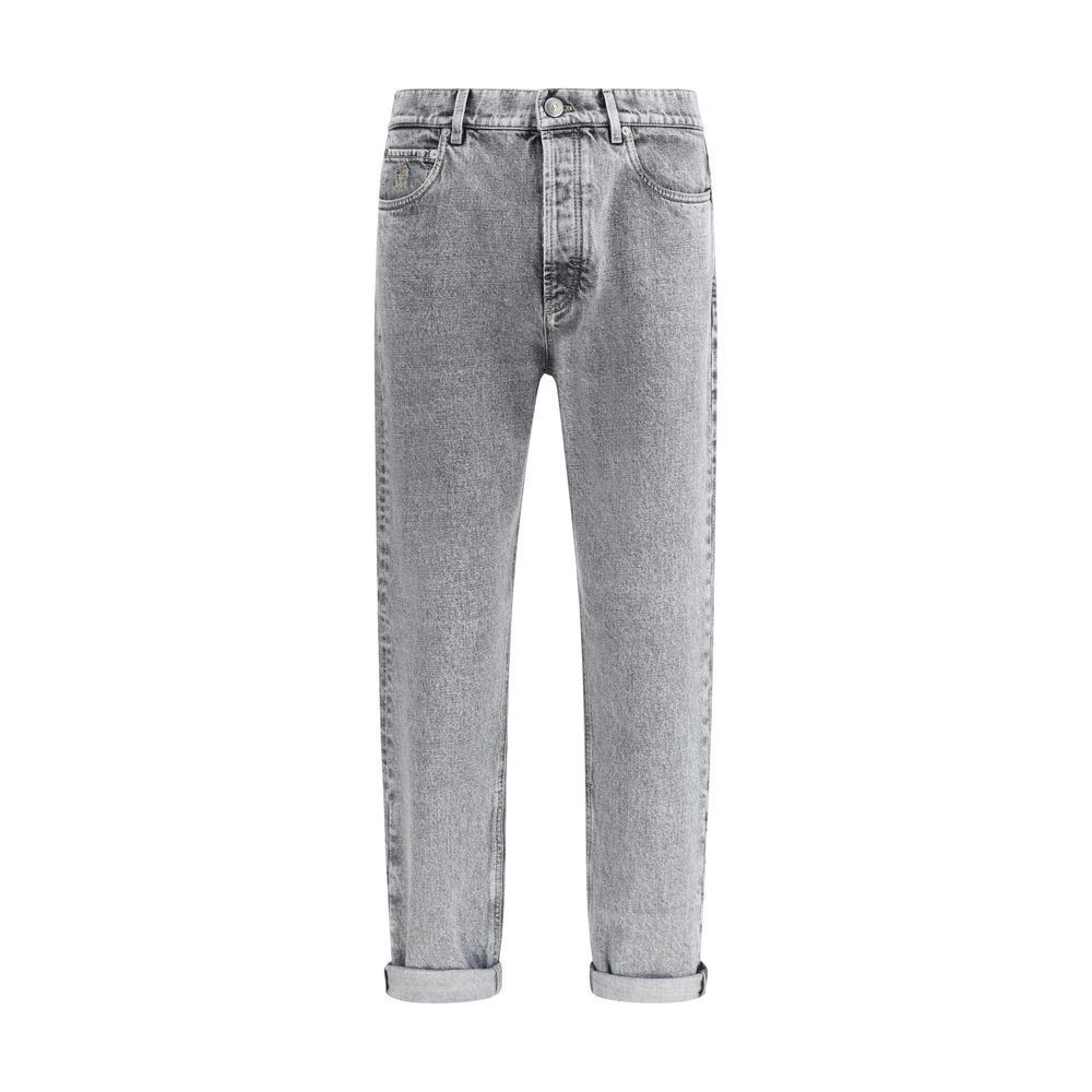 Brunello Cucinelli Gray Cotton Straight-Leg Jeans with high-waisted fit and elegant style for AW25 season, 100% cotton design.