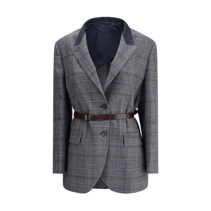 Brunello Cucinelli Gray Fleece Wool Blazer with Prince of Wales pattern, peaked lapels, and denim collar detail