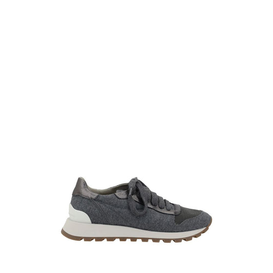Brunello Cucinelli Gray Fleece Wool Sneakers with mélange fabric, lace-up closure, round toe, knurled sole, and shiny bead detail.